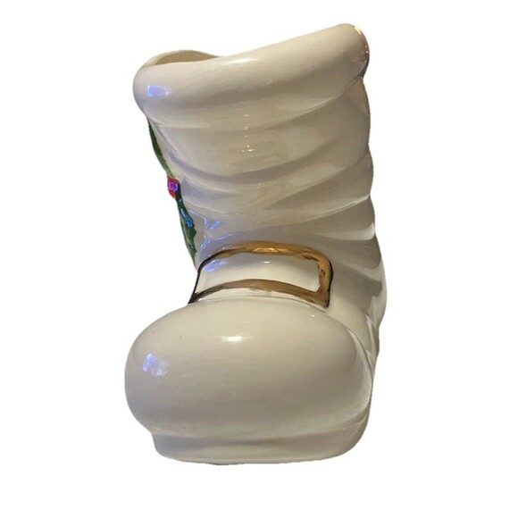 VNTG Ceramic Santa Boot Planter Holly Cream Green 4” Vintage Christmas Planter - Picture 2 of 13